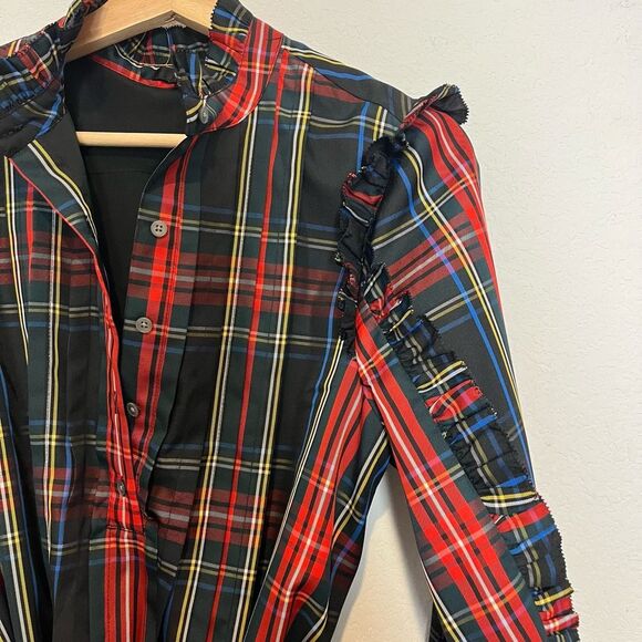 J. Crew Stewart Tartan Plaid Ruffle Neck Mini Shirt Dress Women's Size Small - Picture 3 of 5